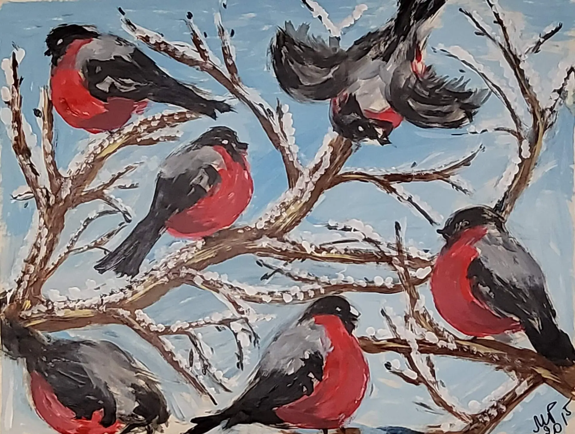 167-Acrylic painting BULLFINCHES 53 x 69 cm