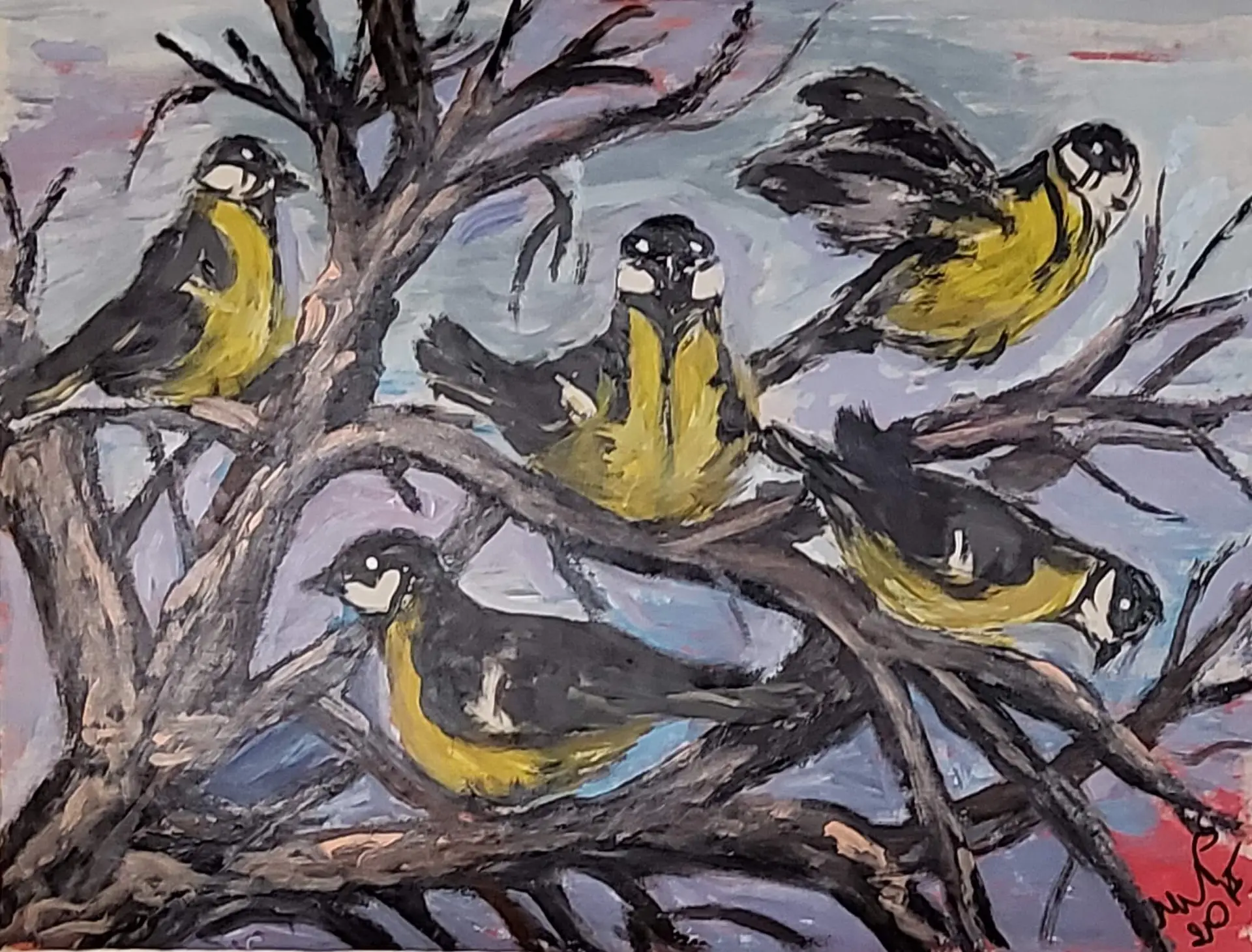 168-Acrylic painting TITS 53 x 69 cm