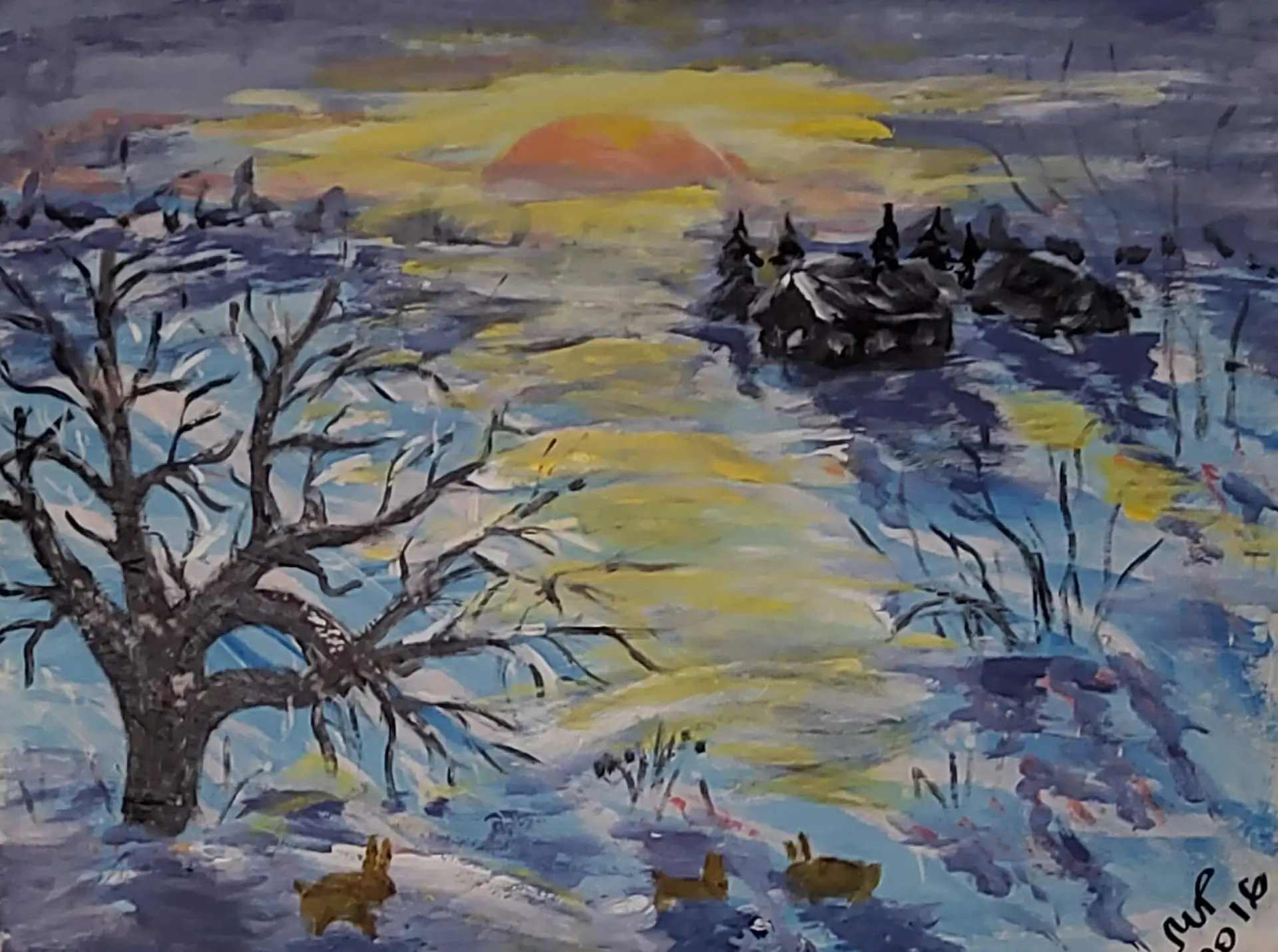 175-Acrylic painting Rabbits 53 x 70 cm